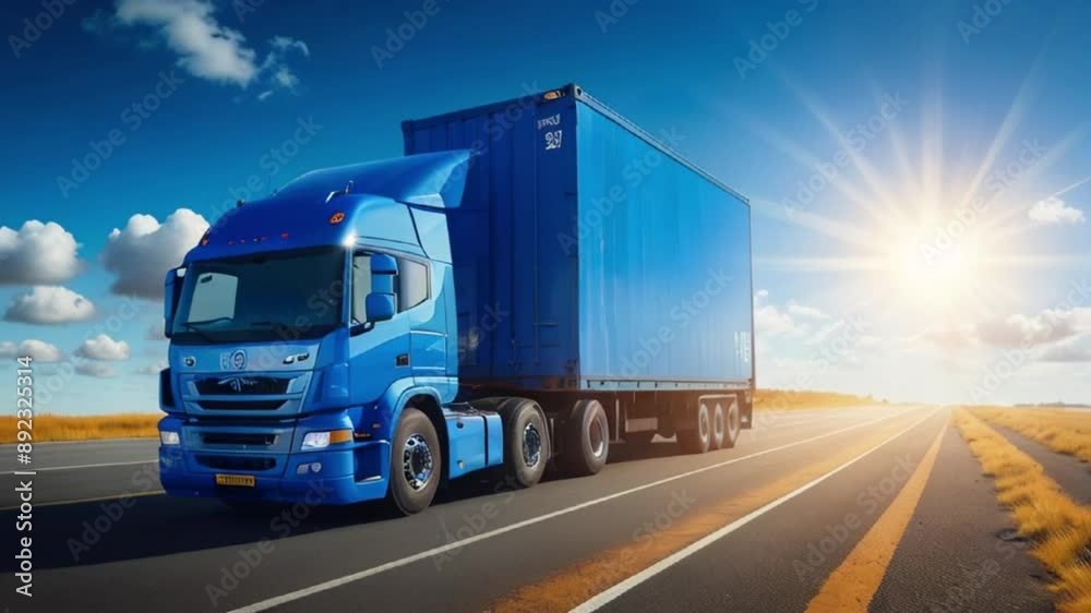 Large blue semi-truck with trailer drives on a two-lane highway under a clear sky and bright sunlight. The scene emphasizes transportation and logistics, highlighting the role of trucks in goods deli