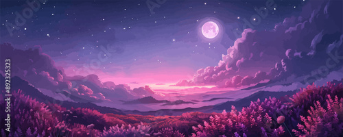 Fabulous purple flowers on the field in the moonlight in the clouds, glowing magical fern flowers, flowers, moon, lilac, night, fairy tale.. vector simple illustration