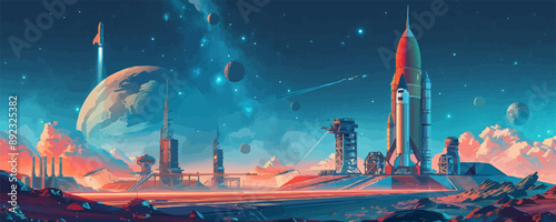 Futuristic spaceport with rocket launch pads, spacecraft, and bustling activity. Vector flat minimalistic isolated illustration.