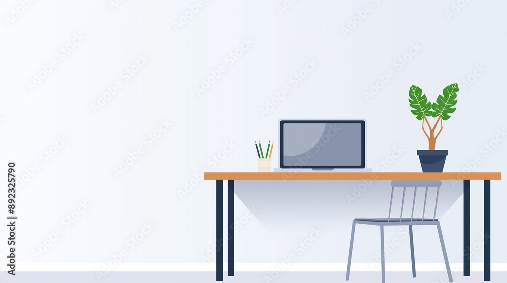 Minimalist workspace, desk with laptop and plant, flat design illustration Minimalist workspace, desk with laptop and plant, flat design illustration