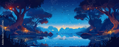 Mystical forest pond surrounded by ancient trees, with fireflies dancing above the still waters. Vector flat minimalistic isolated illustration.
