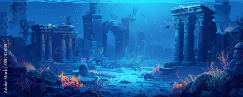 Mystical underwater city with ancient ruins, bioluminescent sea creatures, and coral reefs. Vector flat minimalistic isolated illustration.
