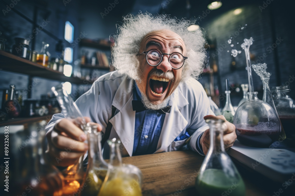 Eccentric laughing mad scientist with tousled hair in laboratory surrounded by test tubes, chemicals Eccentric laughing mad scientist with tousled hair in laboratory surrounded by test tubes, chemicals