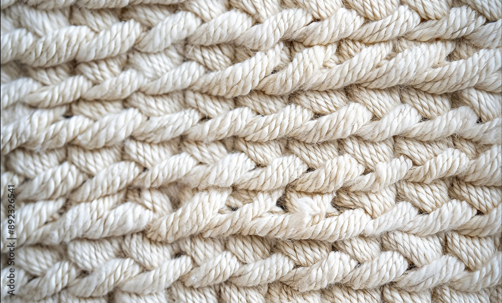Close-up of white knit fabric with pattern. Knitted fabric with needles. The concept of warmth and comfort as the knitted fabric is soft and cozy. Close-up of white knit fabric with pattern. Knitted fabric with needles. The concept of warmth and comfort as the knitted fabric is soft and cozy.