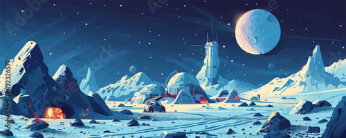 Lunar base with domes, lunar rovers, and heliosystems. Vector flat minimalistic isolated illustration.