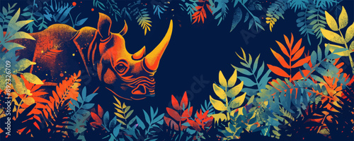 Muzzle of rhinoceros profile silhouette with leaves of tropical vegetation of exotic forests. The concept of protecting animals and forest environment. vector simple illustration