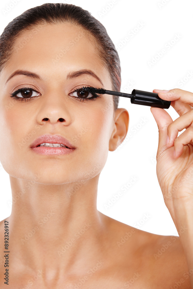 Woman, mascara wand and studio portrait for beauty, makeover and application on white background. Female person, cosmetic tool and skincare for grooming, eyelash treatment and brush for dermatology Woman, mascara wand and studio portrait for beauty, makeover and application on white background. Female person, cosmetic tool and skincare for grooming, eyelash treatment and brush for dermatology
