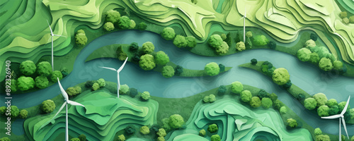 Landscape green with windmills and rivers, green energy, electricity generation, eco-concept, top view. vector simple illustration
