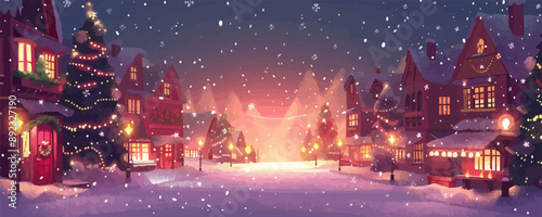 Cozy winter village square with a festive market, twinkling lights, and falling snowflakes. Vector flat minimalistic isolated illustration.