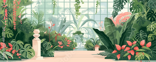 Enchanted garden conservatory filled with exotic plants, hanging vines, and whimsical sculptures. Vector flat minimalistic isolated illustration.