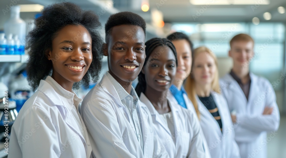 a diverse team of scientists, each person smiling and wearing lab coats, with a high-tech laboratory setting in the background. The lab features various scientific equipment and instruments. a diverse team of scientists, each person smiling and wearing lab coats, with a high-tech laboratory setting in the background. The lab features various scientific equipment and instruments.