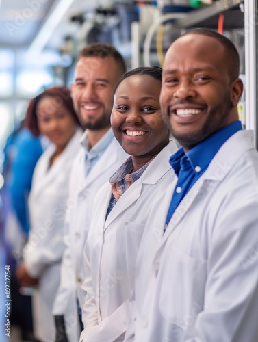 a diverse team of scientists, each person smiling and wearing lab coats, with a high-tech laboratory setting in the background. The lab features various scientific equipment and instruments.