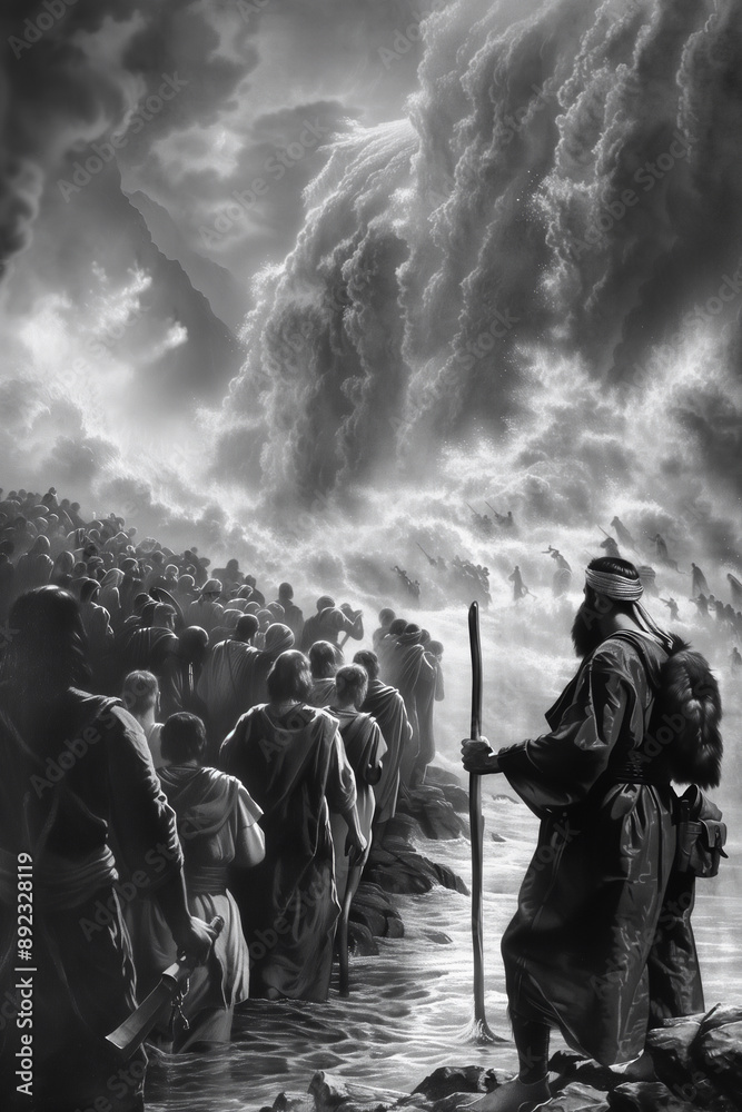 Moses parting the Red Sea a biblical story in the Book of Exodus in the Old Testament Bible where the Israelites were led out of slavery in Egypt pursued by the Egyptian army, engraved  illustration