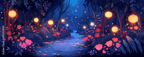 Enchanted garden pathway lined with blooming flowers, twinkling fairy lights, and whimsical lanterns. Vector flat minimalistic isolated illustration.