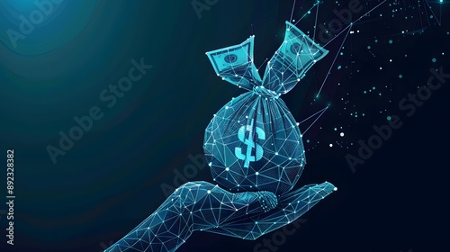 Abstract hand holding a money bag form lines and triangles, point connecting network on blue background. Illustration vector. 