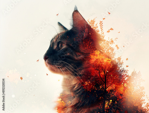 a black cat with a red and orange double_exposure background. The cat's eyes are wide open.