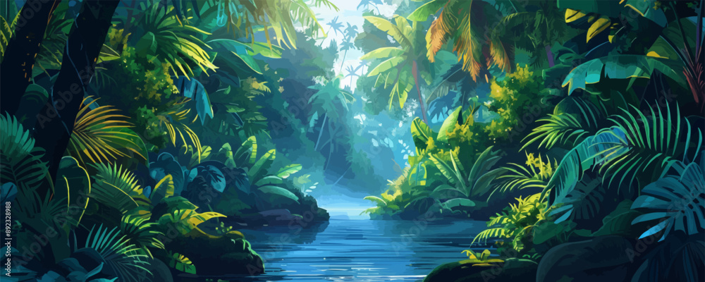 Tropical rainforest with dense foliage, exotic wildlife, and meandering jungle rivers. Vector flat minimalistic isolated illustration.