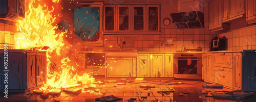 The destruction wrought by an errant flame rises quickly out of control, consuming a kitchen in a roar of flames and scorching heat. vector simple illustration