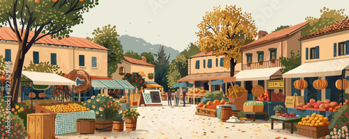 Cozy countryside market with stalls selling fresh produce, flowers, and local crafts, bustling with activity. Vector flat minimalistic isolated illustration.