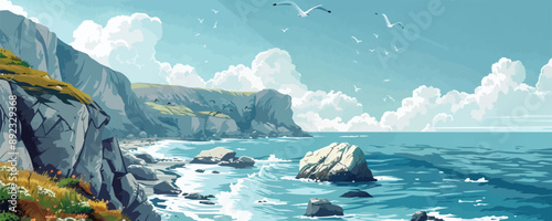Peaceful seaside cliff path winding along rugged coastline, with crashing waves and seabirds soaring overhead. Vector flat minimalistic isolated illustration.