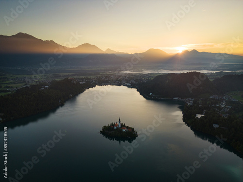 Drone shot flying. Slovenia. Lake Bled. Sunrise.