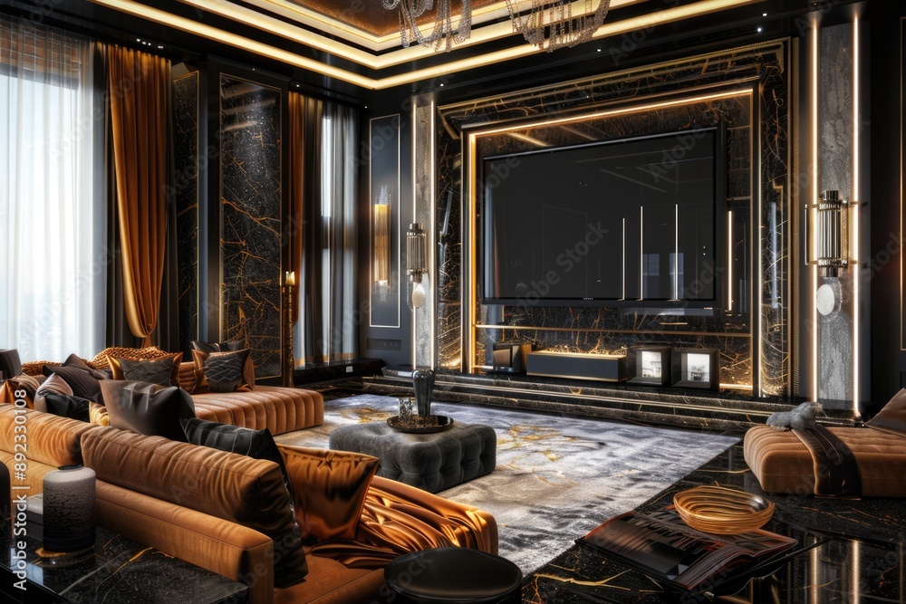 Fototapeta premium A modern living room with comfortable furniture, a flat screen TV, and a cozy atmosphere