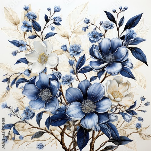 Vintage Blue and White Botanical Pattern in Classic Design