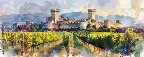 Vineyard on the background of medieval castle. Watercolor style. vector simple illustration