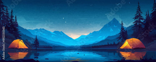 Tranquil lakeside campsite with tents pitched under a starry night sky. Vector flat minimalistic isolated illustration.