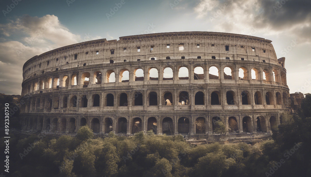 Fototapeta premium Showcase the majesty of ancient Roman structures like the Colosseum, with its towering arches 