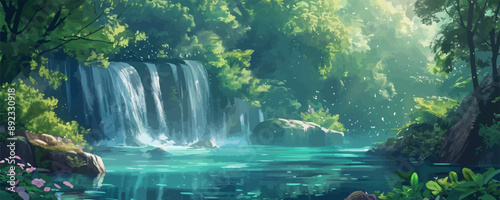 Magical forest stream with crystal-clear water and waterfalls. Vector flat minimalistic isolated illustration.