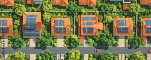 Houses with rooftop solar panels, top view houses of the future, green eco energy of the future, farm with solar panels. vector simple illustration