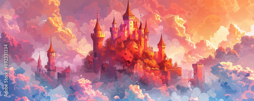 Fantasy castle in the clouds with towers covered in ivy and airy bridges. Vector flat minimalistic isolated illustration.