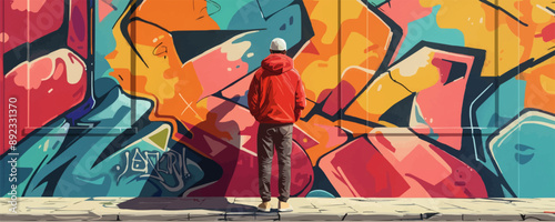 Street artist with aerosol paint. Illustration of a young man creating colorful graffiti on the walls of abandoned buildings. Vector flat minimalistic isolated illustration