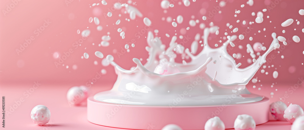 A vibrant splash of white liquid against a soft pink background, capturing energy and freshness in a dynamic composition. A vibrant splash of white liquid against a soft pink background, capturing energy and freshness in a dynamic composition.