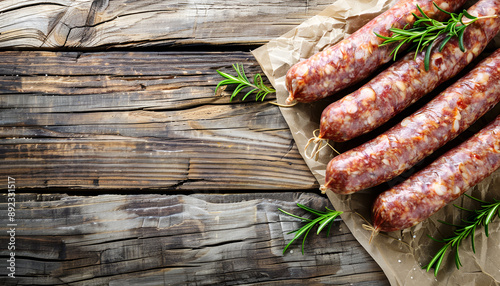 Fresh raw sausage on the old wooden background photo