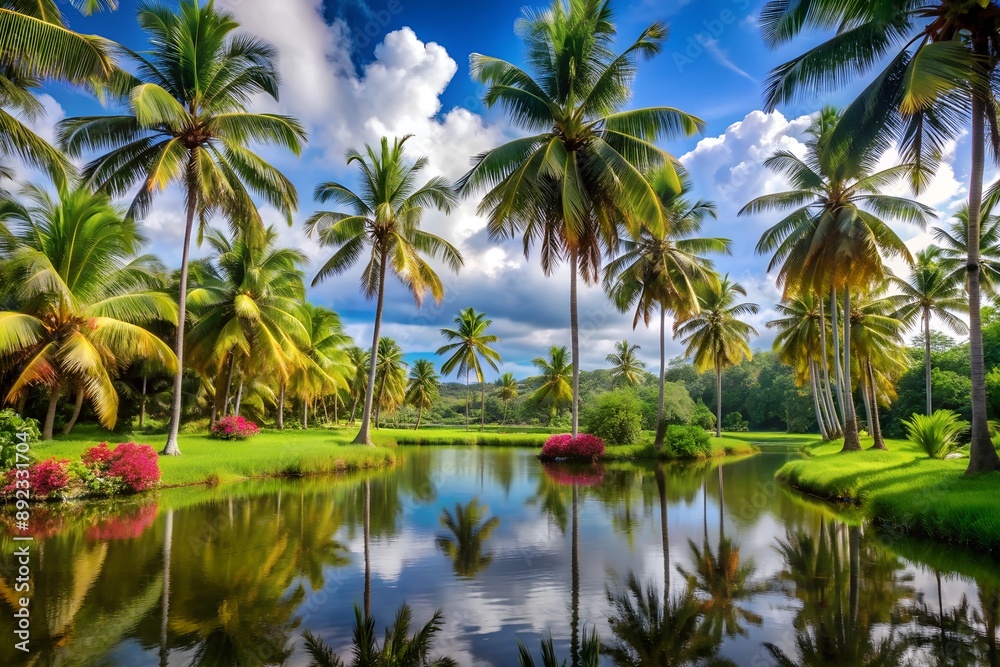 A beautiful tropical scene with palm trees and a lake, concept of tropical vacation, exotic travel, summer holiday A beautiful tropical scene with palm trees and a lake, concept of tropical vacation, exotic travel, summer holiday