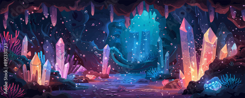 Whimsical underwater cavern with bioluminescent creatures, sparkling crystals, and hidden treasures. Vector flat minimalistic isolated illustration.
