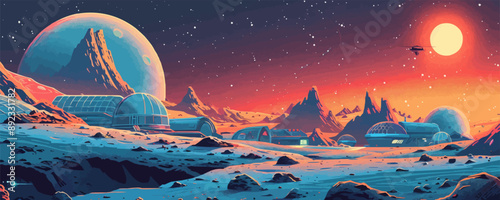 Futuristic space colony on a distant moon, with biodomes, solar panels, and advanced technology. Vector flat minimalistic isolated illustration.