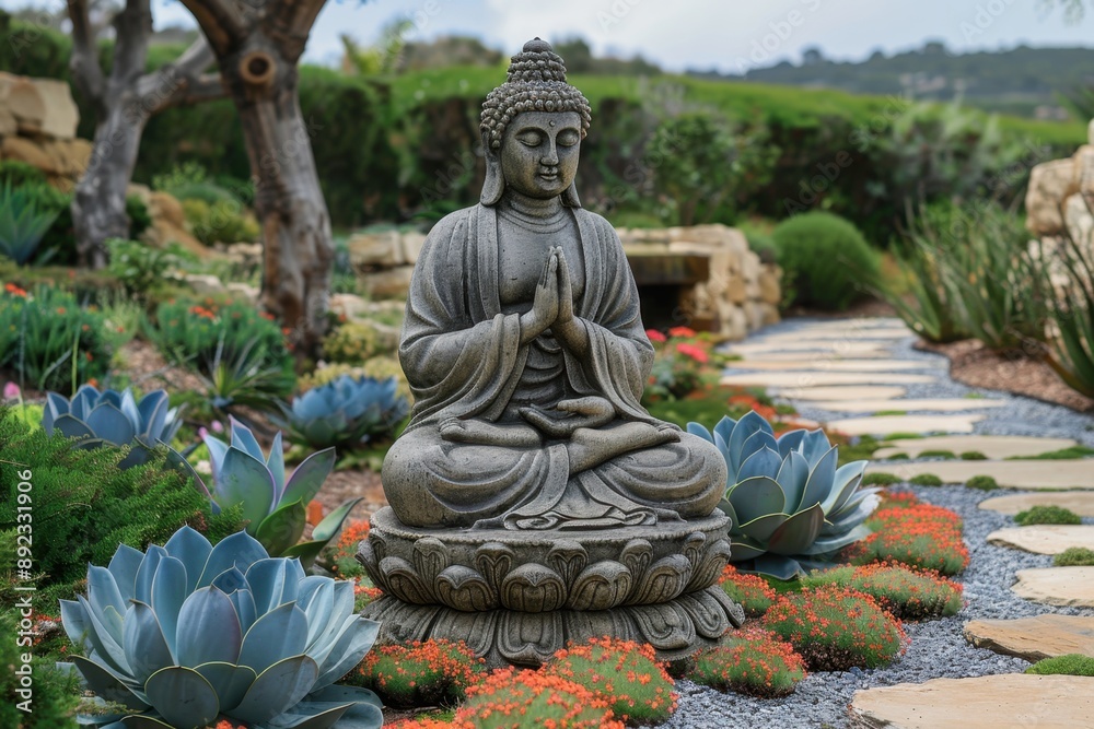 Buddha statue in Anjali Mudra pose outdoors in the garden. Generated AI Buddha statue in Anjali Mudra pose outdoors in the garden. Generated AI