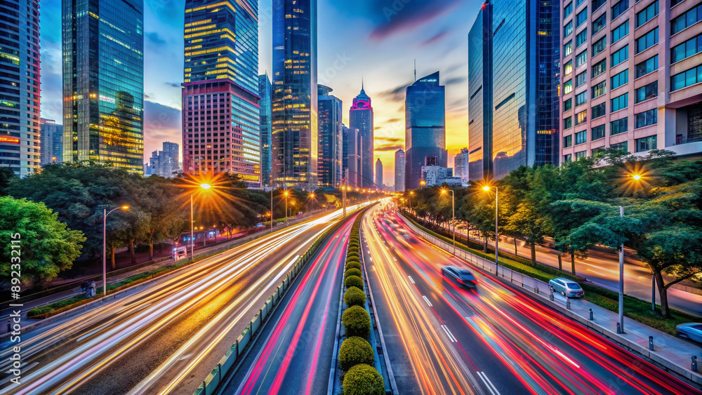 Obraz premium Vibrant cityscape at dusk with blurred headlights of speeding cars tracing paths on busy streets, showcasing urban rhythmic flow and dynamic metropolitan pulse.