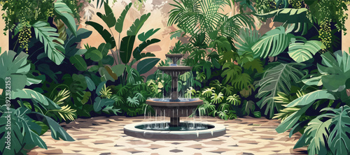 Enchanted garden courtyard with a bubbling fountain, lush greenery, and intricate tile patterns. Vector flat minimalistic isolated illustration.