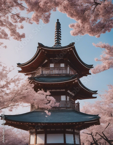 Traditional Japanese pagoda surrounded by cherry blossoms in full bloom, with soft, diffused morning
 photo