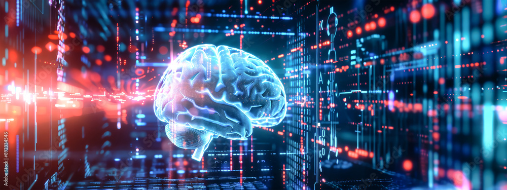 A glowing, 3D rendered human brain sits in front of a futuristic digital world with data and graphs A glowing, 3D rendered human brain sits in front of a futuristic digital world with data and graphs