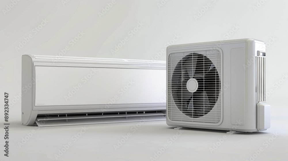 A modern air conditioner unit, complete with indoor and outdoor components, rests on a pristine white surface A modern air conditioner unit, complete with indoor and outdoor components, rests on a pristine white surface
