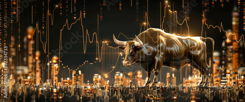 A golden bull stands triumphantly on an abstract cityscape, a powerful symbol of financial growth and upward trends photo