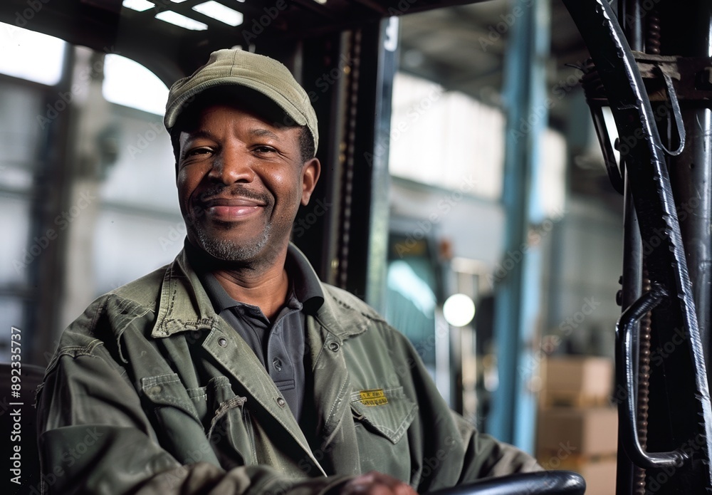 Happy forklift operator in warehouse. Worker's day, Labour Day.
Happy forklift operator in warehouse. Worker's day, Labour Day.