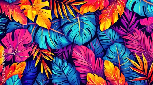 Animated image of tropical plants with bright colors and bold outlines, perfect for wallpapers and textile designs. Background with tropical leaves