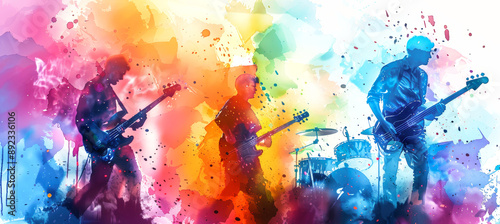 Three rock musicians performing on stage, their silhouettes painted in vibrant colors, creating an abstract and energetic visual