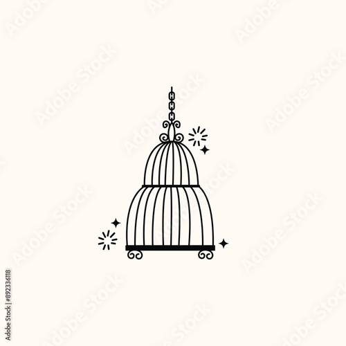 Set of different outlined cages. Line art ornamental bird cages collection, metal animal transport handing cages. Vector modern illustration isolated on background